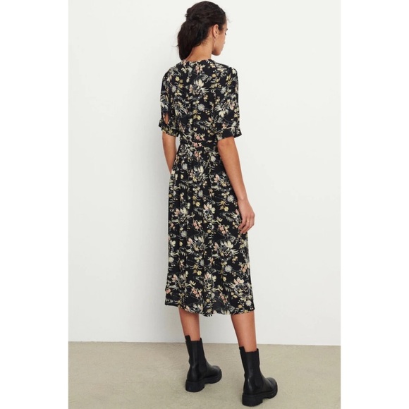 Ba&sh Floe Floral Midi Peasant Dress V Neck Short Sleeve Pleated - Picture 4 of 12